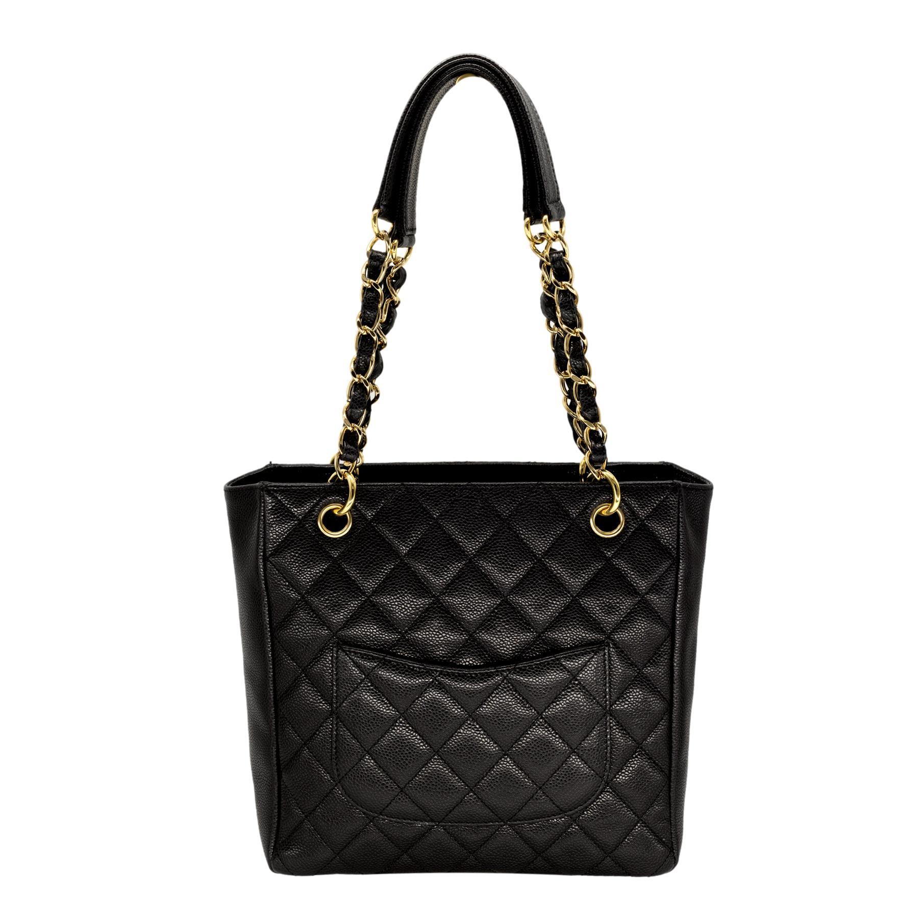 Women's or Men's Chanel Black Quilted Caviar Petite Shopping Top Handle Tote Bag, 2008.