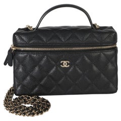 Chanel Black Quilted Caviar Top Handle Slim Vanity Handbag With Chain