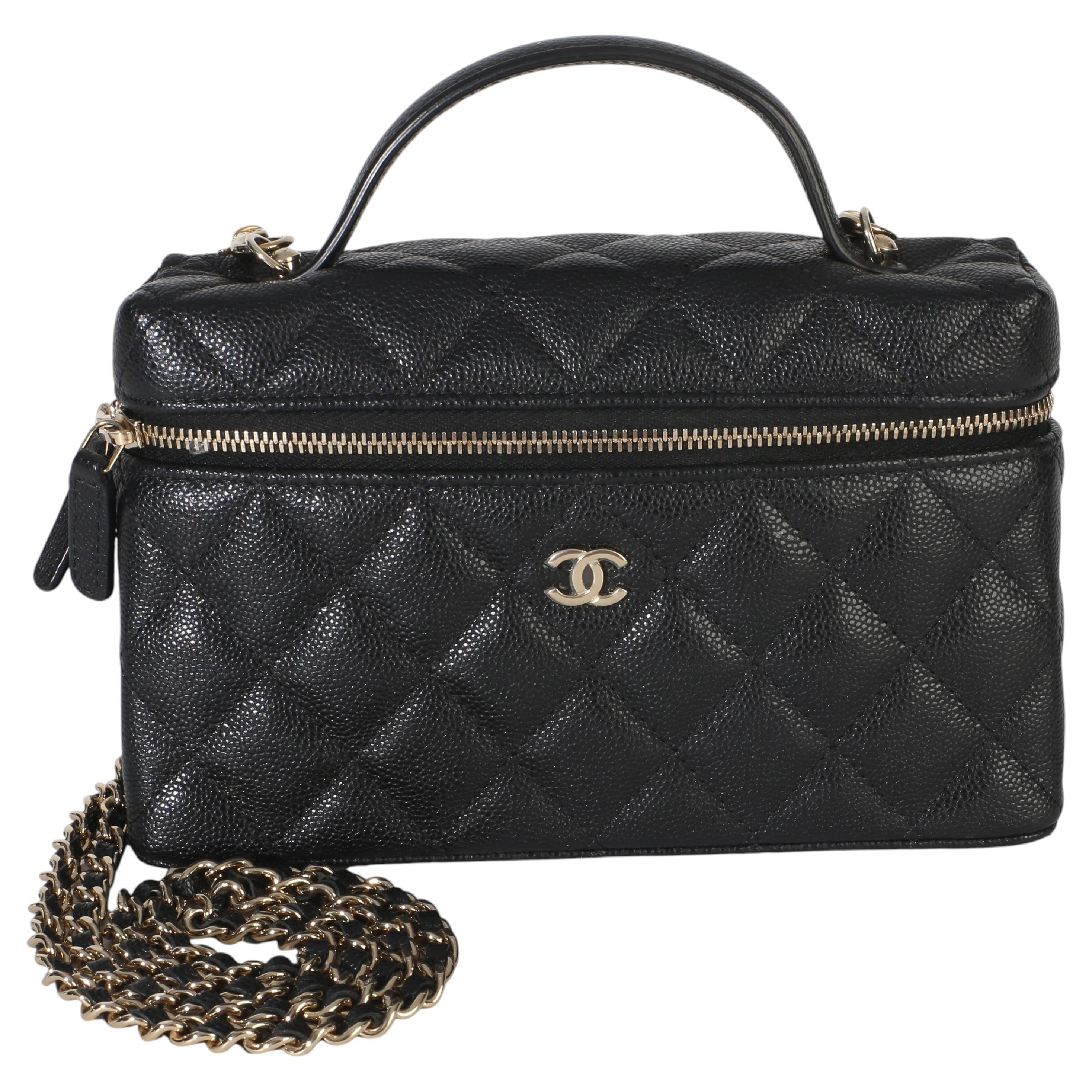 Chanel Black Quilted Caviar Top Handle Slim Vanity With Chain