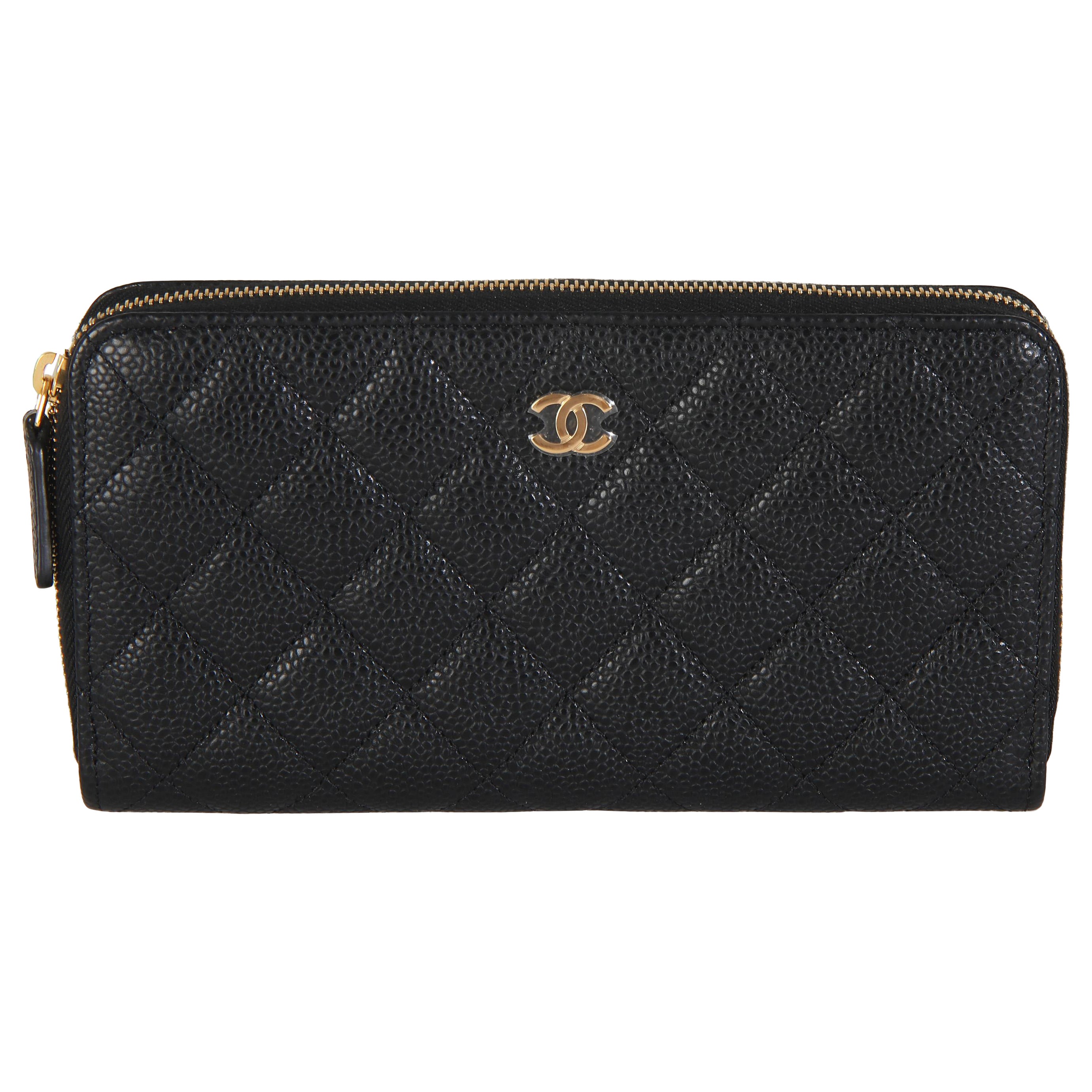 Chanel Black Quilted Caviar Zip Around L-Gusset Wallet