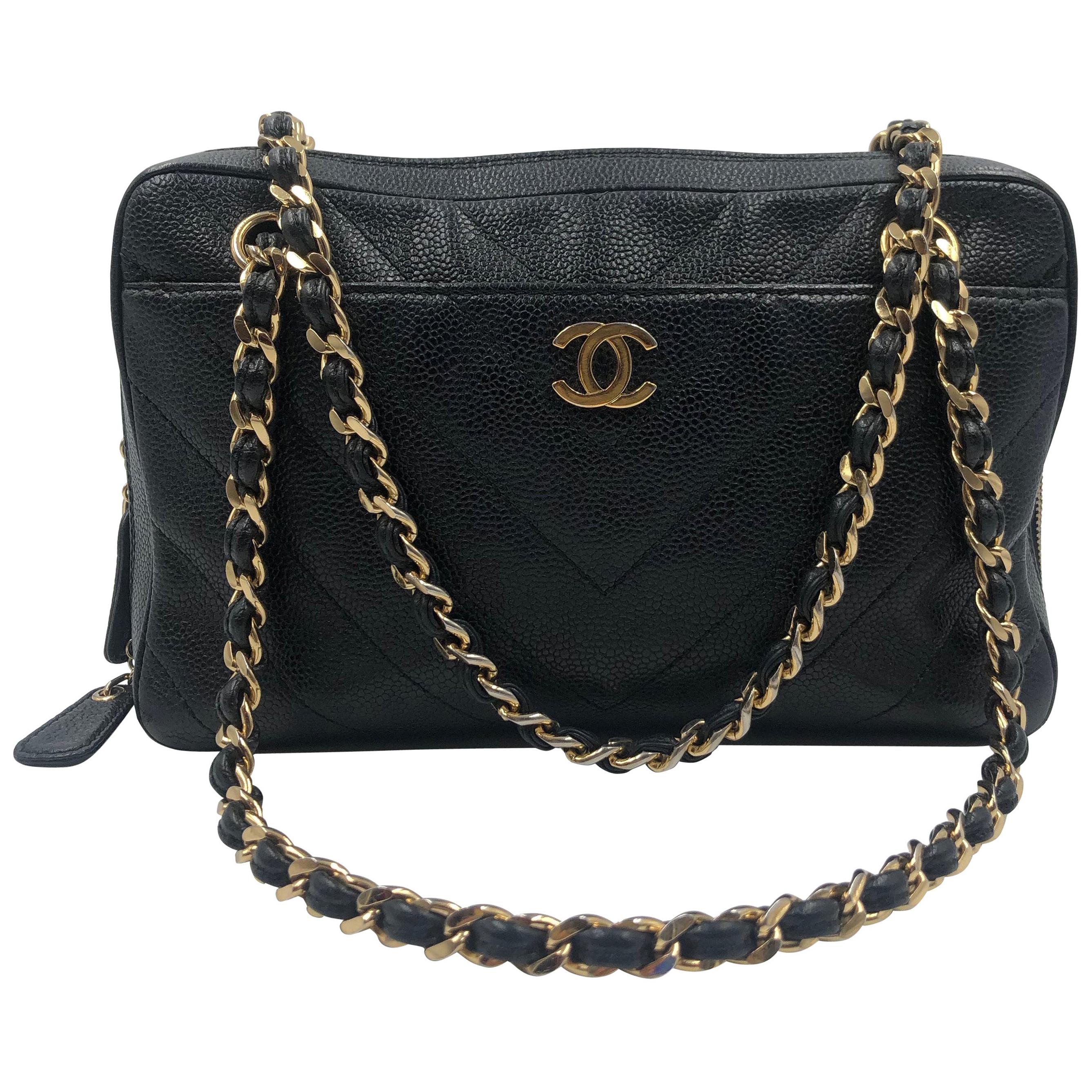 Chanel Purse Black Chevron Quilted Caviar Leather with Shoulder Strap