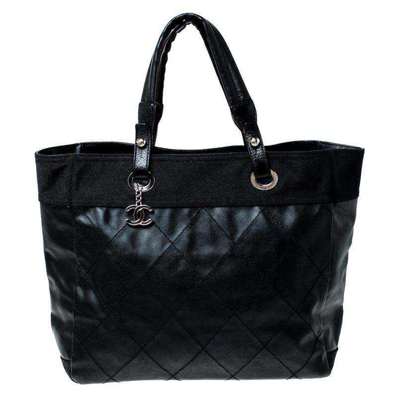 Chanel Black Quilted Coated Canvas Paris Biarritz Grand Shopper Tote