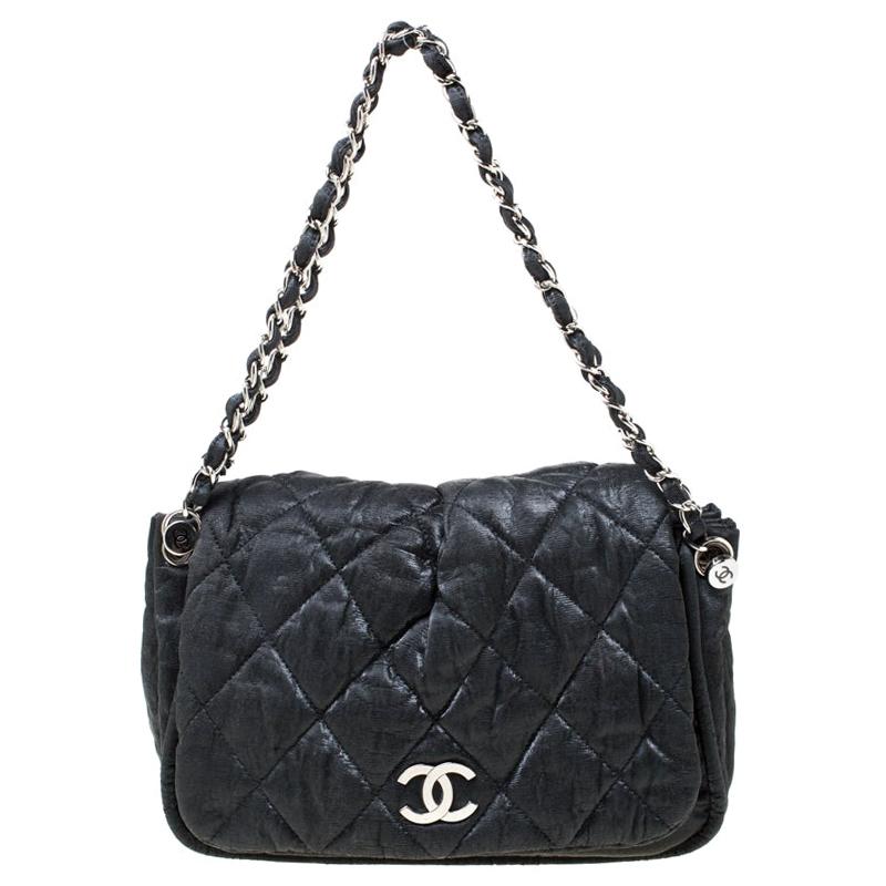 Chanel Black Quilted Coated Fabric Shoulder Bag For Sale at 1stDibs