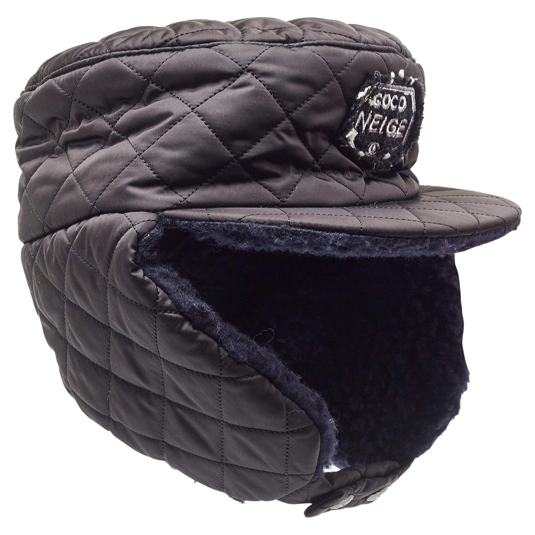 Chanel Black Quilted Coco Neige Trapper Hat M For Sale