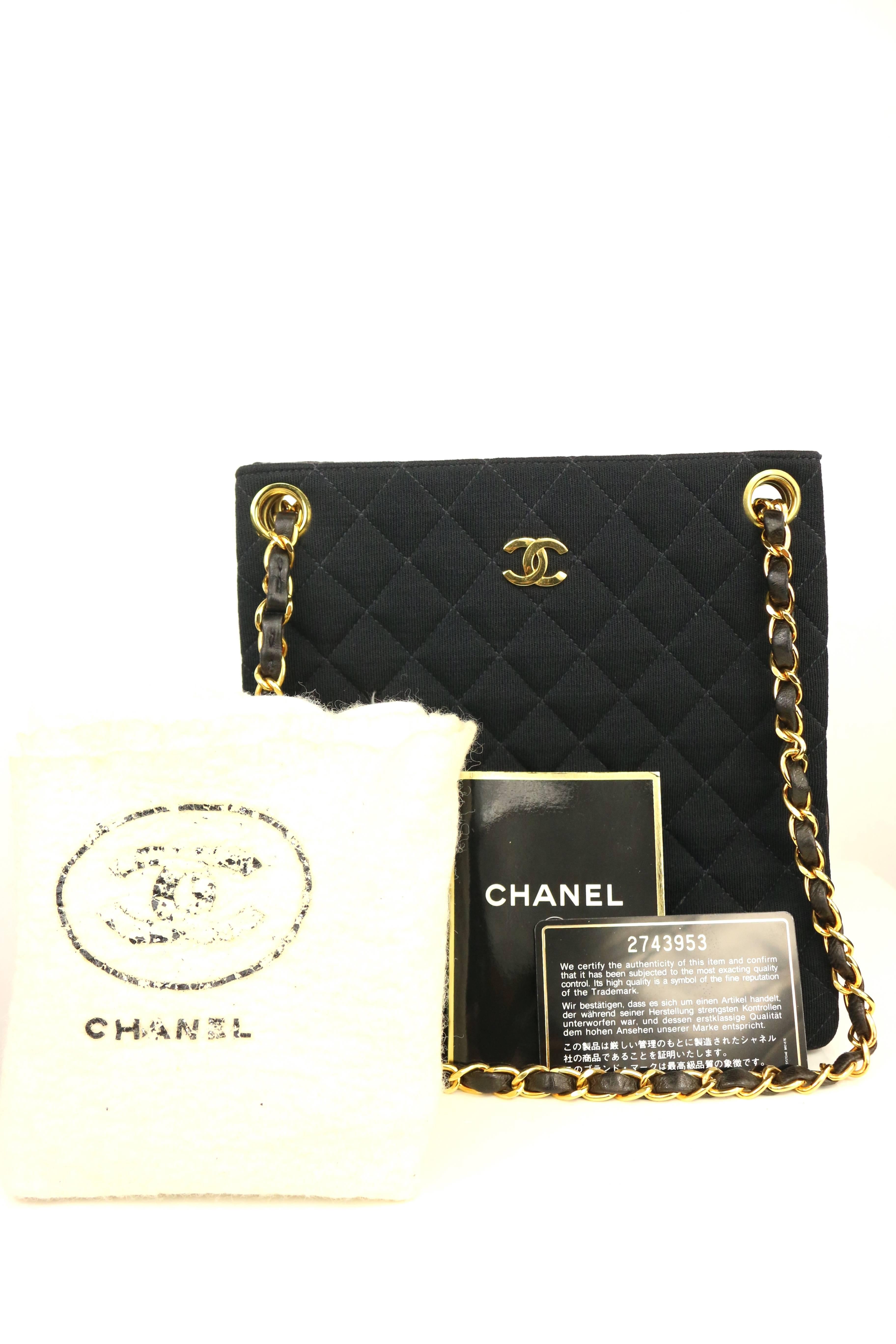 Chanel Black Quilted Cotton and Leather Gold Chain Shoulder Bag  2