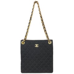 Vintage Chanel Black Quilted Cotton and Leather Gold Chain Shoulder Bag