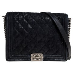 Chanel Black Quilted Crackled Nubuck Leather Large Boy Bag