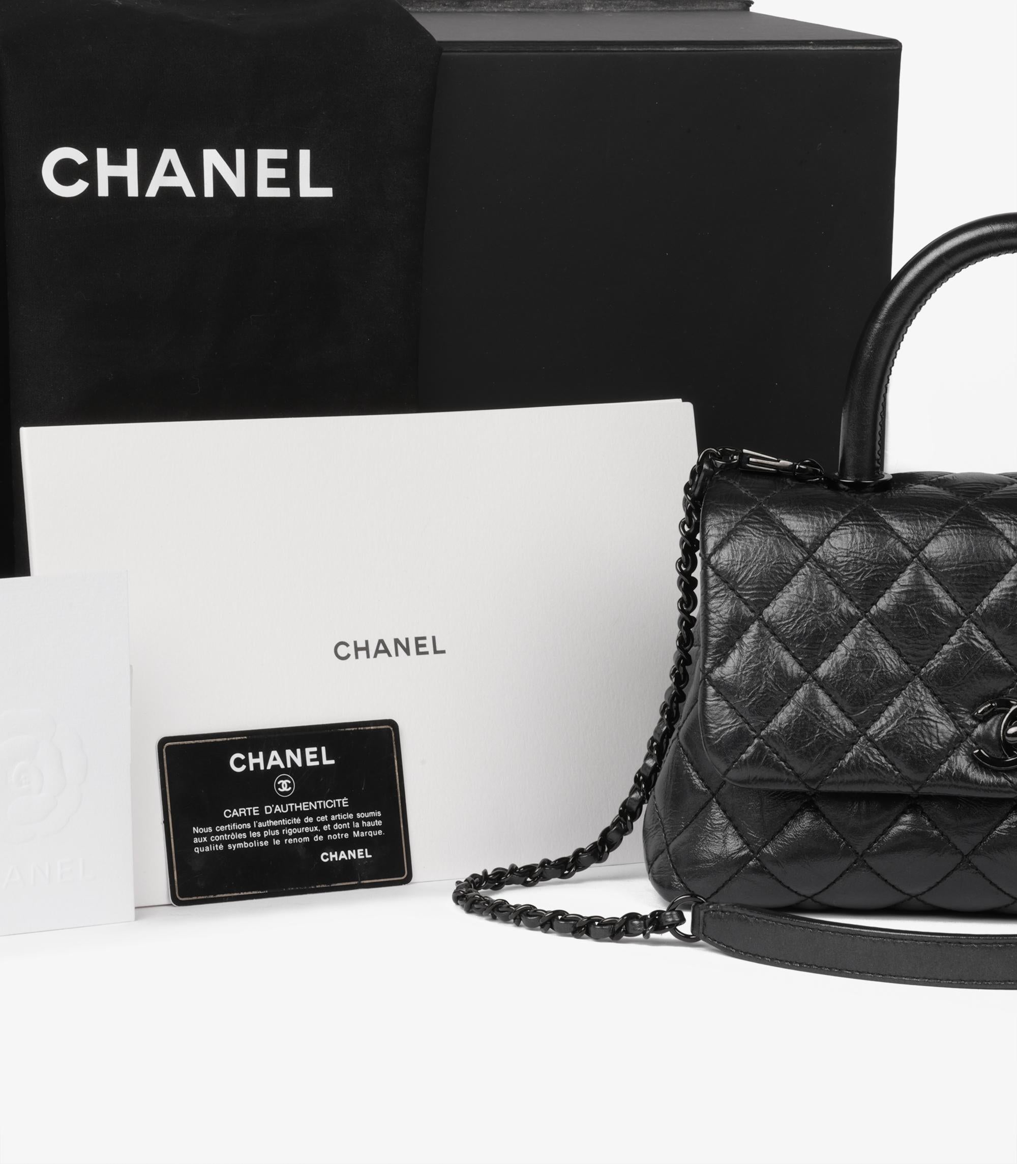 Chanel Black Quilted Crinkled Calfskin Leather SO Black Small Coco Top Handle 7