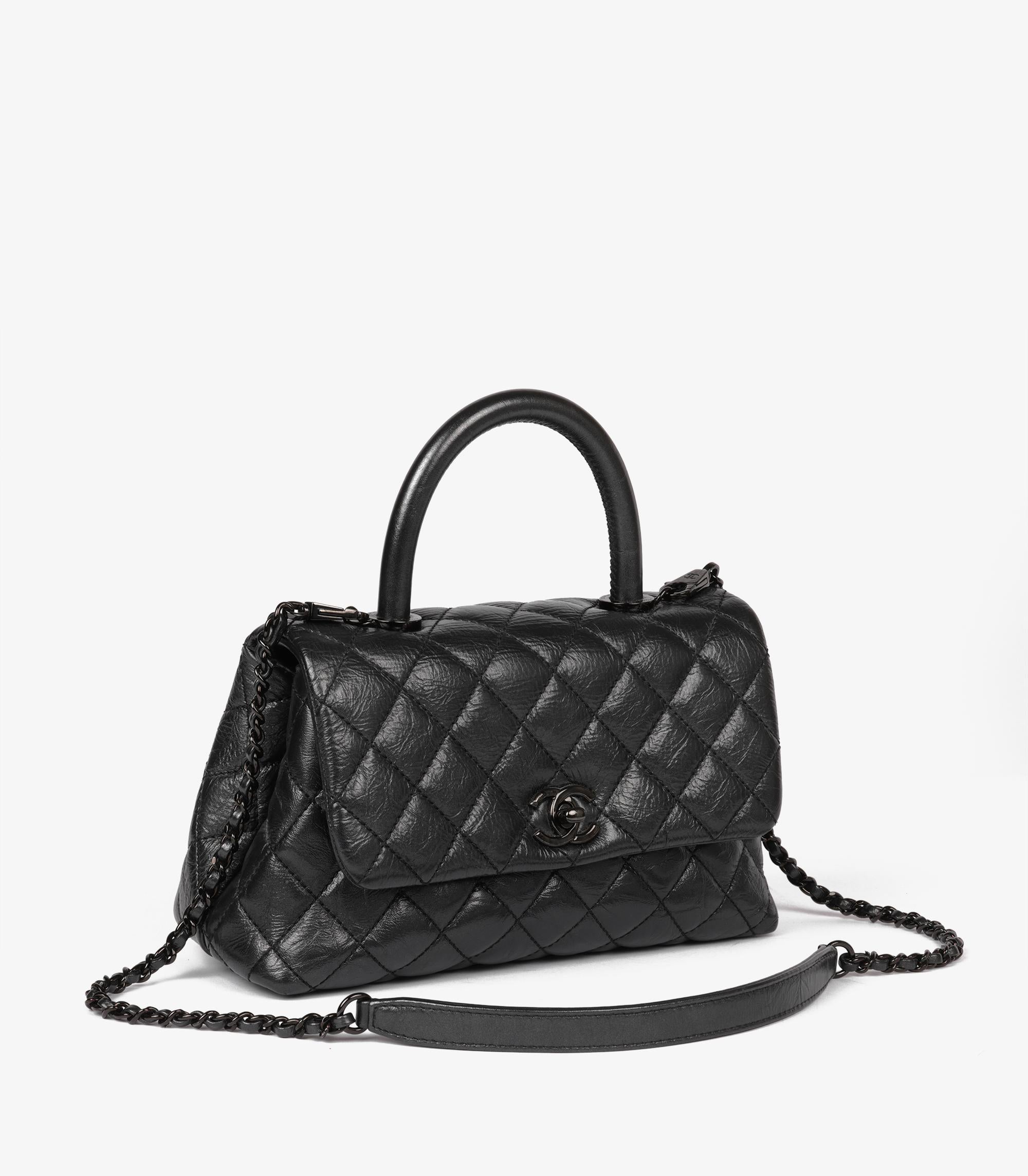 Chanel Black Quilted Crinkled Calfskin Leather SO Black Small Coco Top Handle In Excellent Condition In Bishop's Stortford, Hertfordshire
