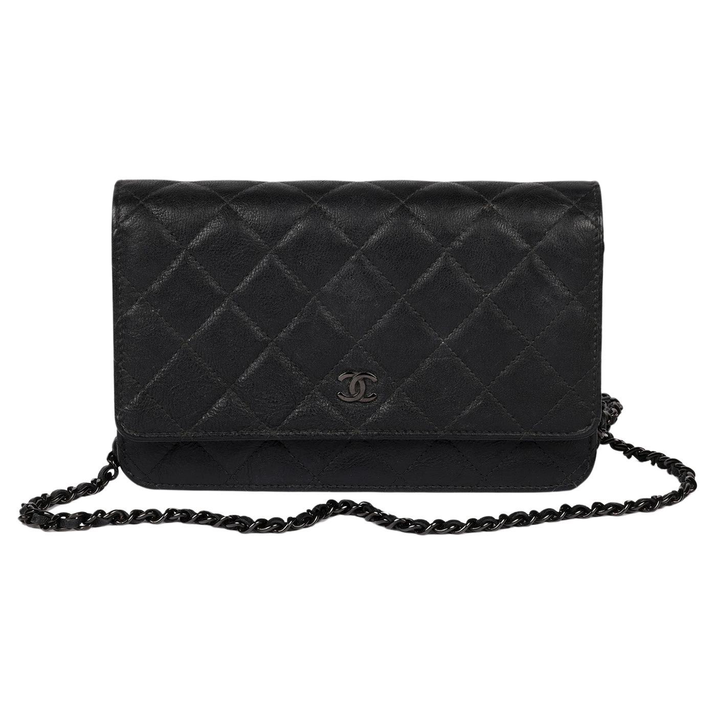 Chanel Black Quilted Crumpled Calfskin Leather SO Black Wallet-On-Chain WOC
