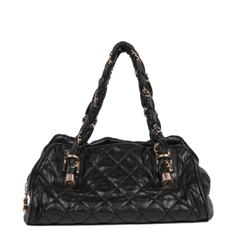 CHANEL Black Quilted Distressed Lambskin Lady Braid Bowler at 1stDibs