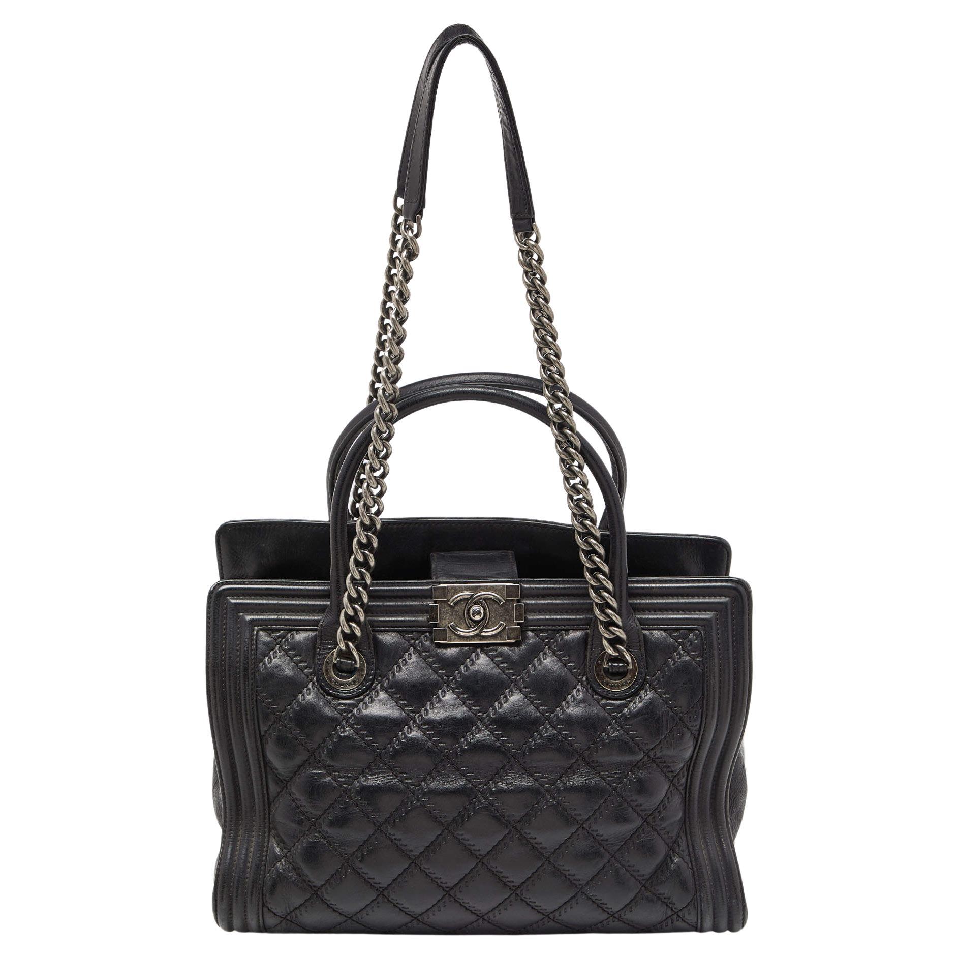 Chanel Black Quilted Double Stitch Leather Boy Tote For Sale