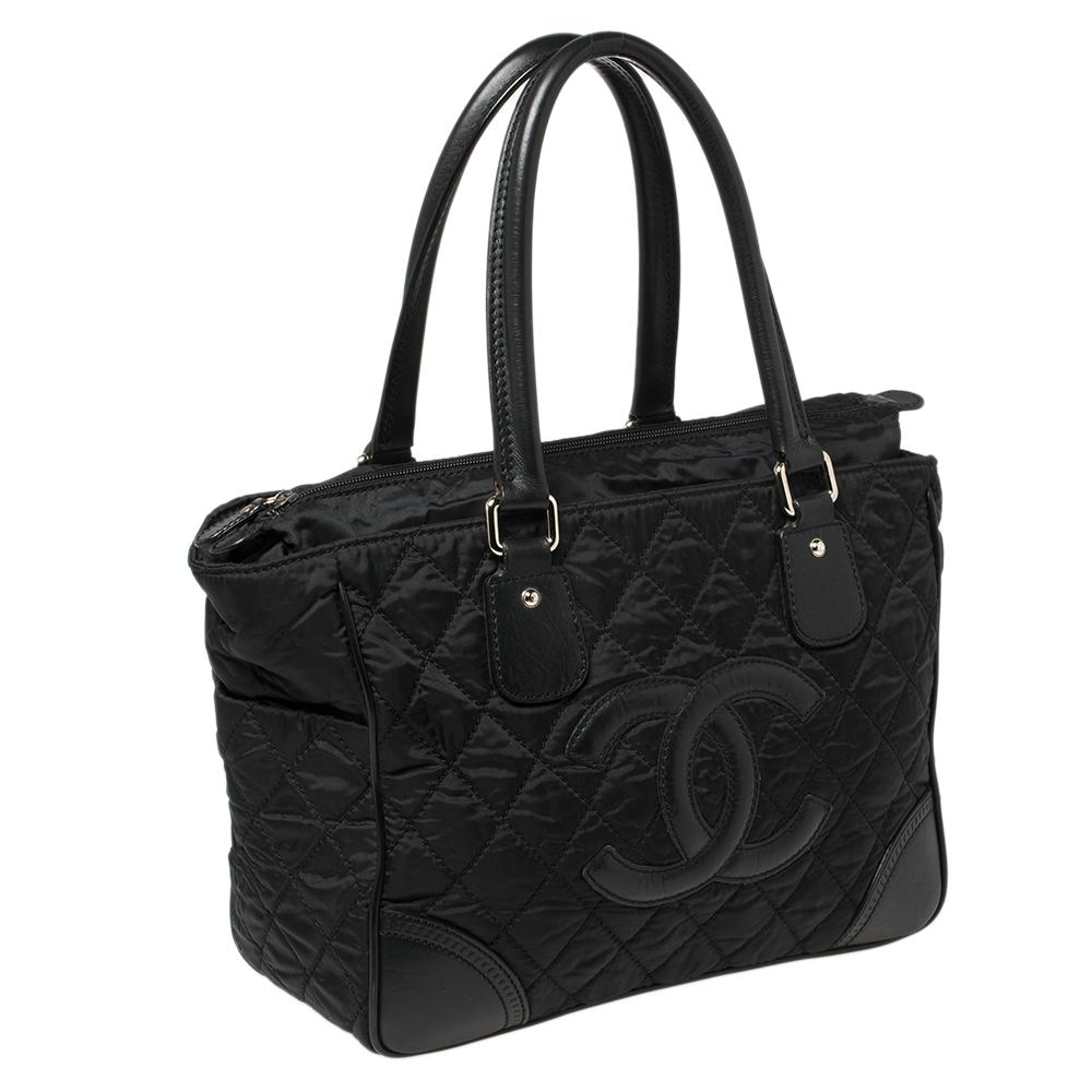 Women's Chanel Black Quilted Fabric And Leather CC Tote