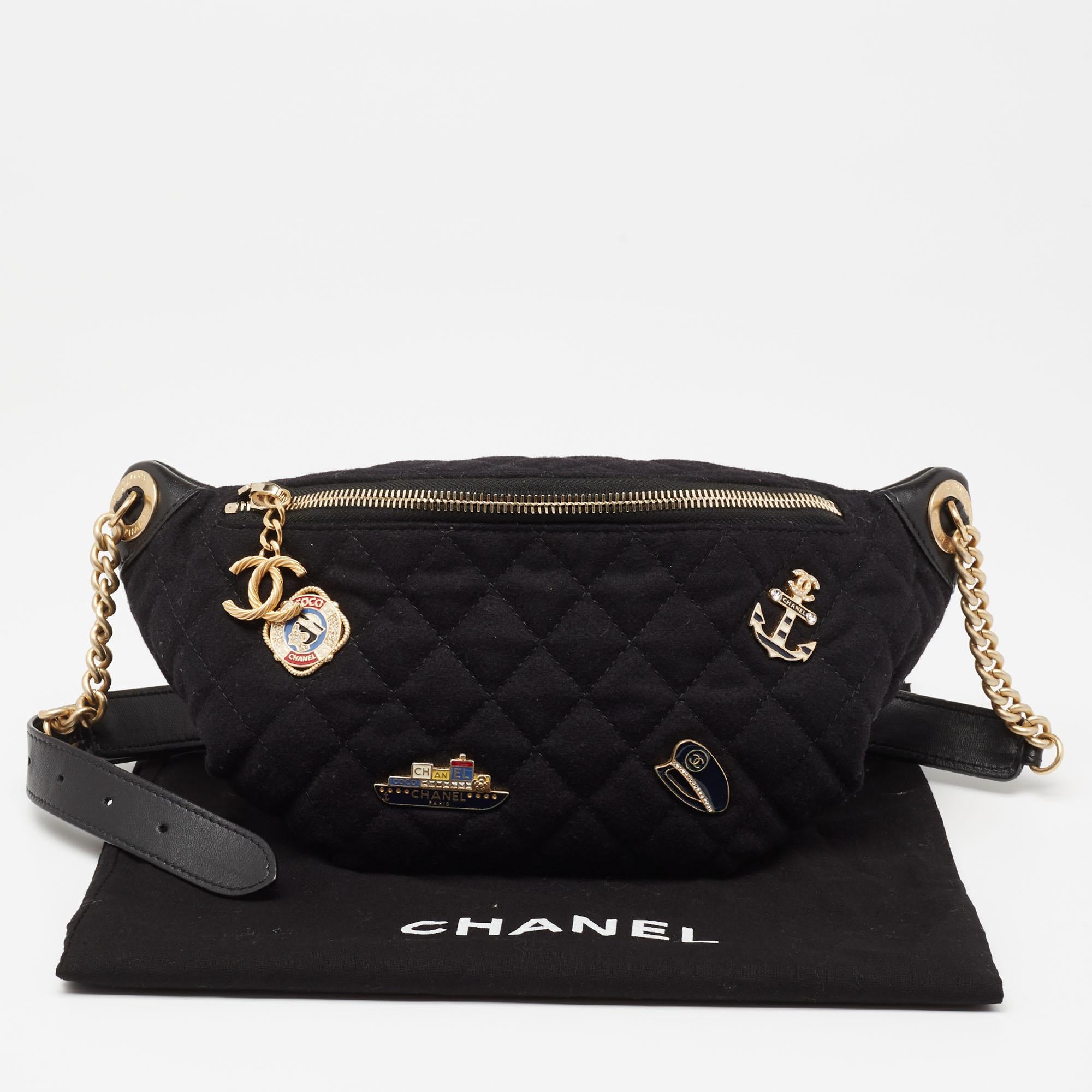 Chanel Black Quilted Fabric and Leather Paris Hamburg Charm Belt Bag 8