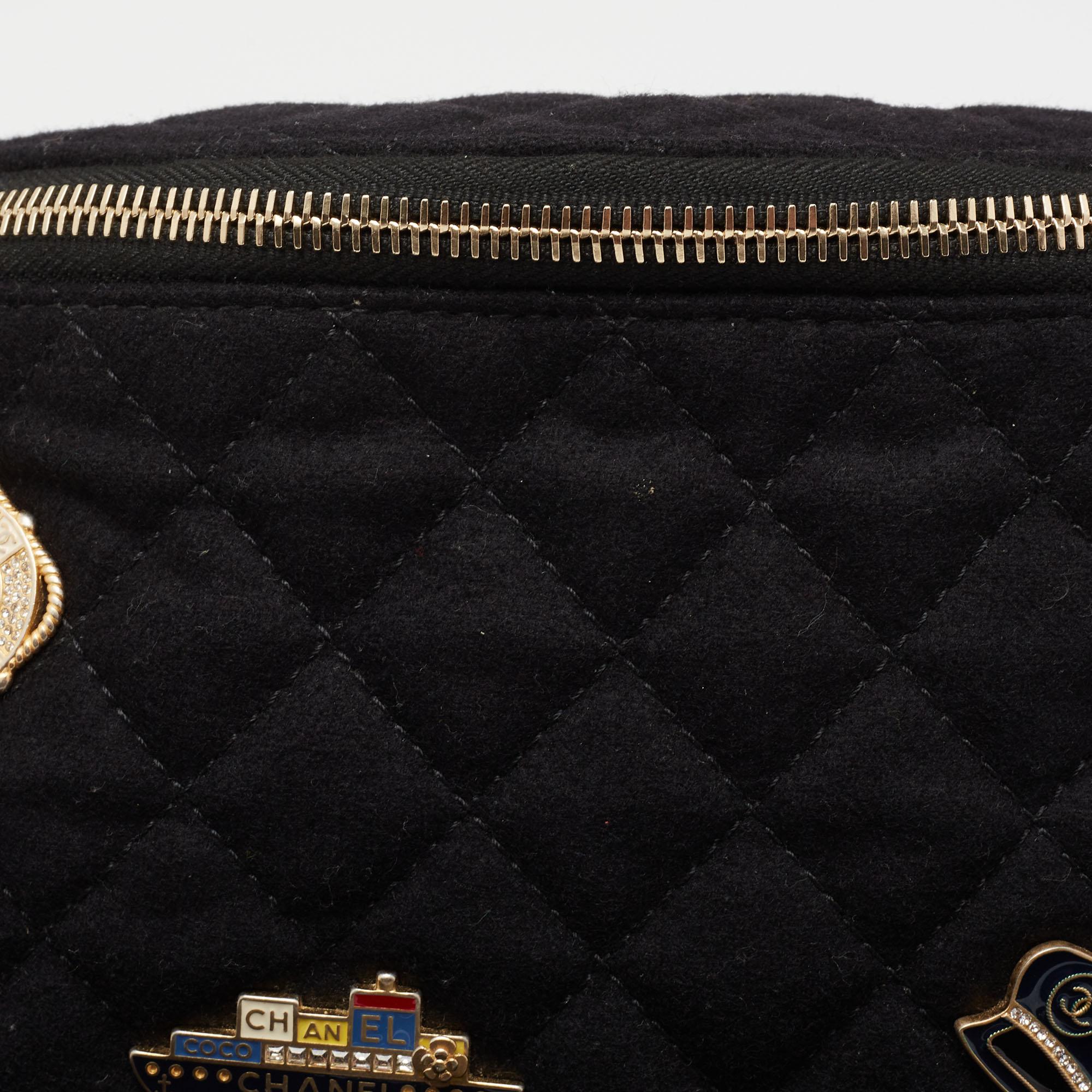 Chanel Black Quilted Fabric and Leather Paris Hamburg Charm Belt Bag 2