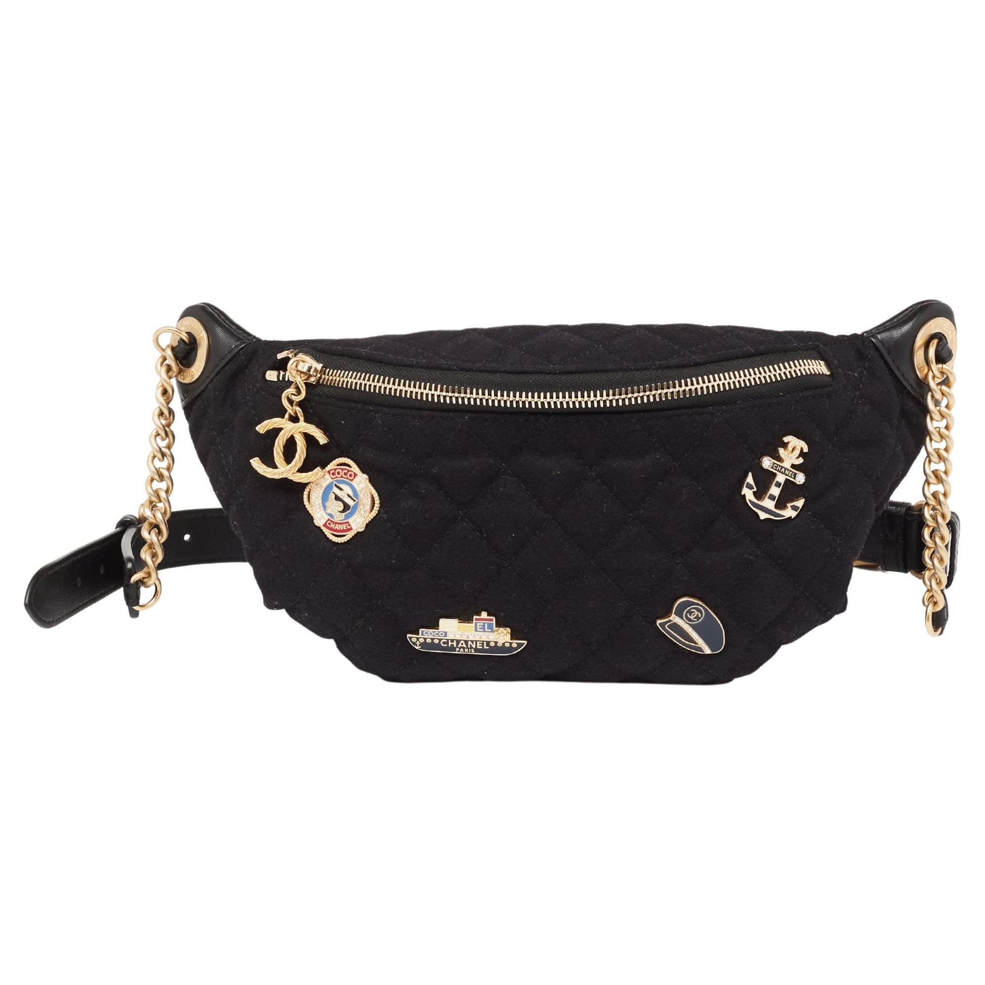 Chanel Black Quilted Fabric and Leather Paris Hamburg Charm Belt Bag