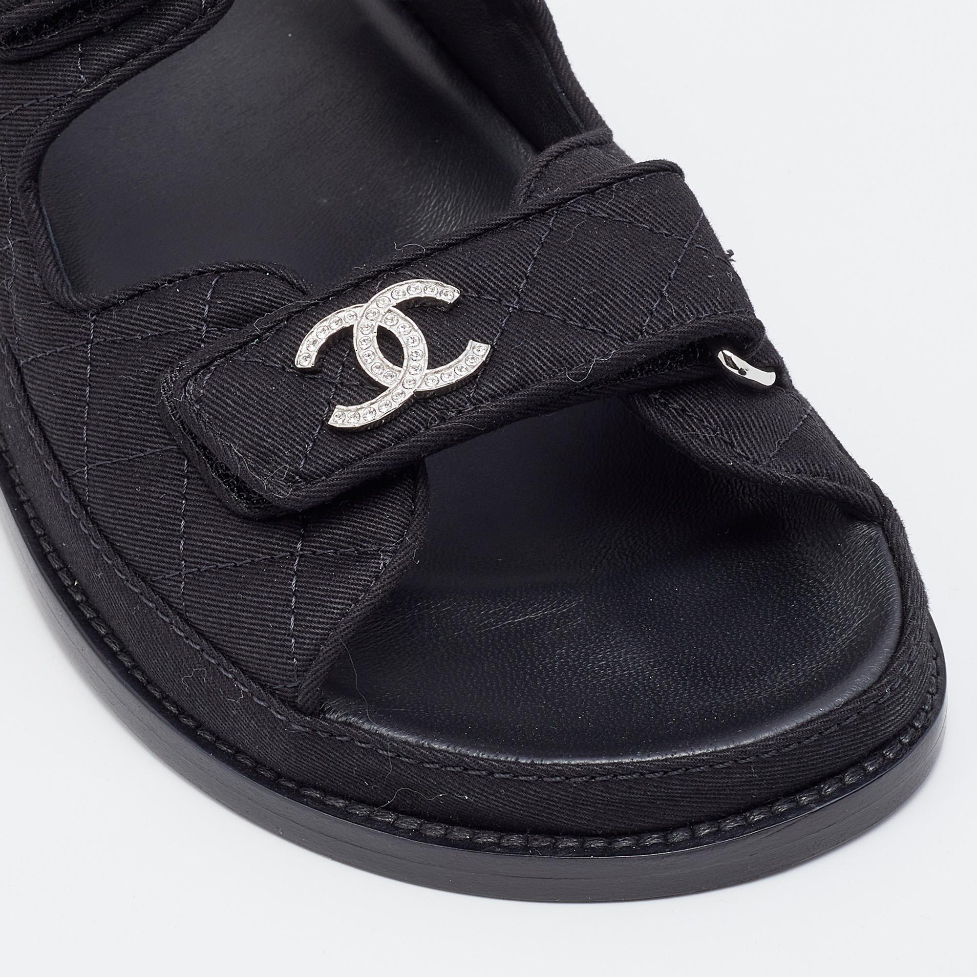 Women's Chanel Black Quilted Fabric Diamond CC Dad Velcro Flat Sandals Size 37.5