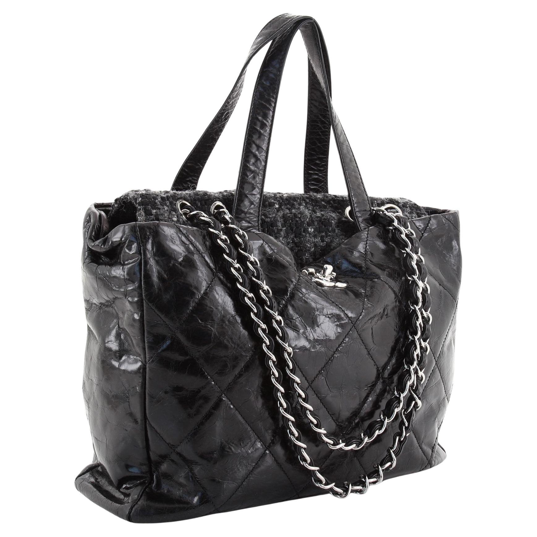 Chanel Black Quilted Glazed Calfskin Leather and Tweed Portobello