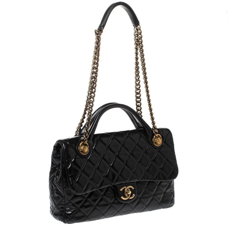 Chanel Black Quilted Glazed Leather Medium Castle Rock Top Handle Bag ...