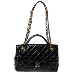 Chanel Black Quilted Glazed Leather Medium Castle Rock Top Handle Bag