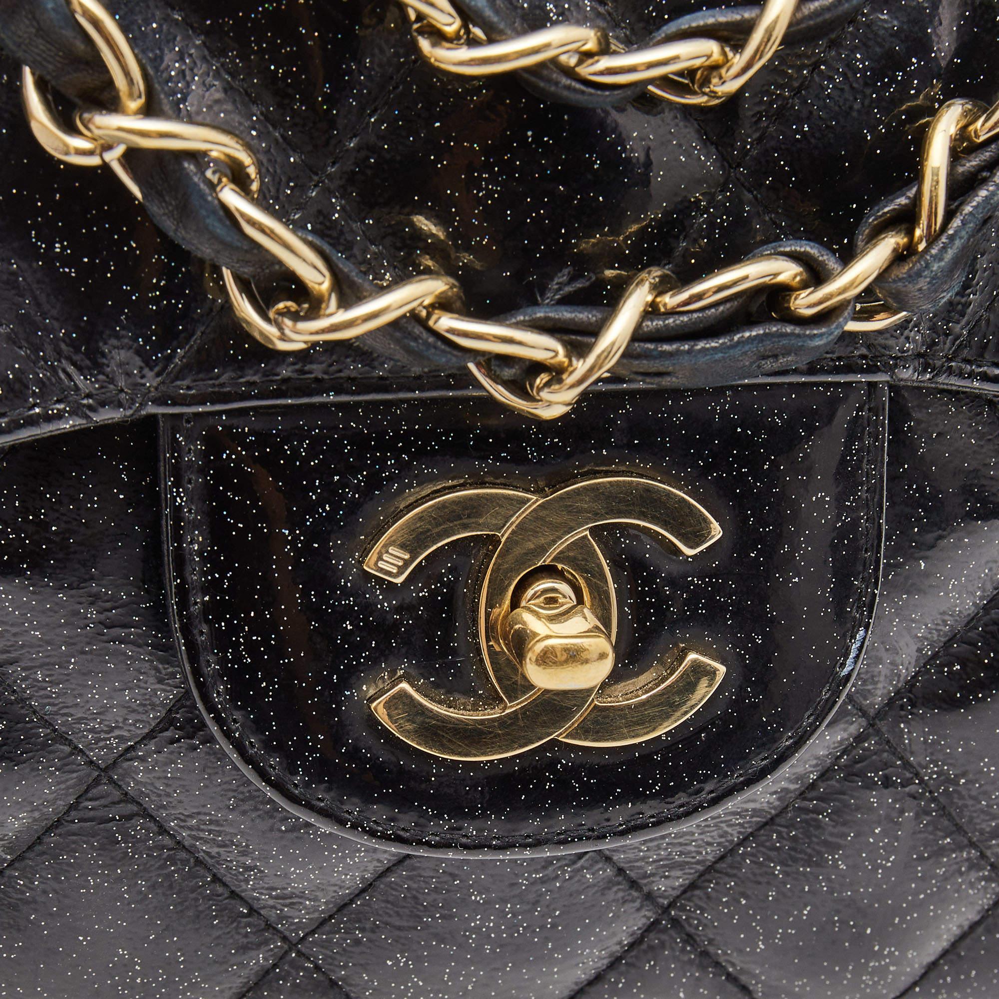 Chanel Black Quilted Glitter Patent Leather Jumbo Classic Single Flap Bag 7