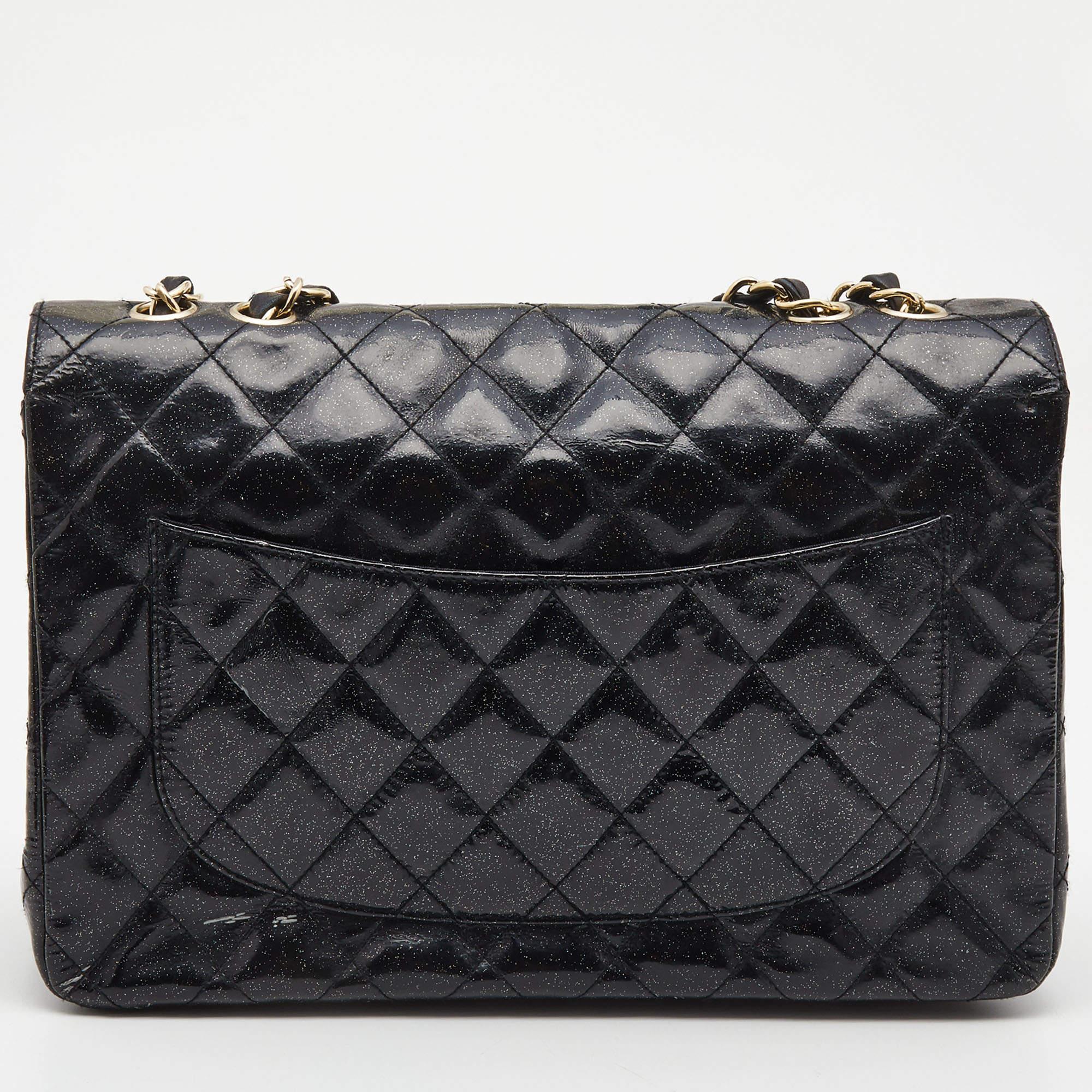 Chanel Black Quilted Glitter Patent Leather Jumbo Classic Single Flap Bag 3