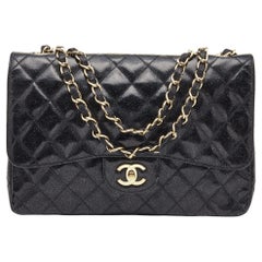 Chanel Schwarze gesteppte Glitter-Lackleder Jumbo Classic Single Flap Tasche mit Klappe