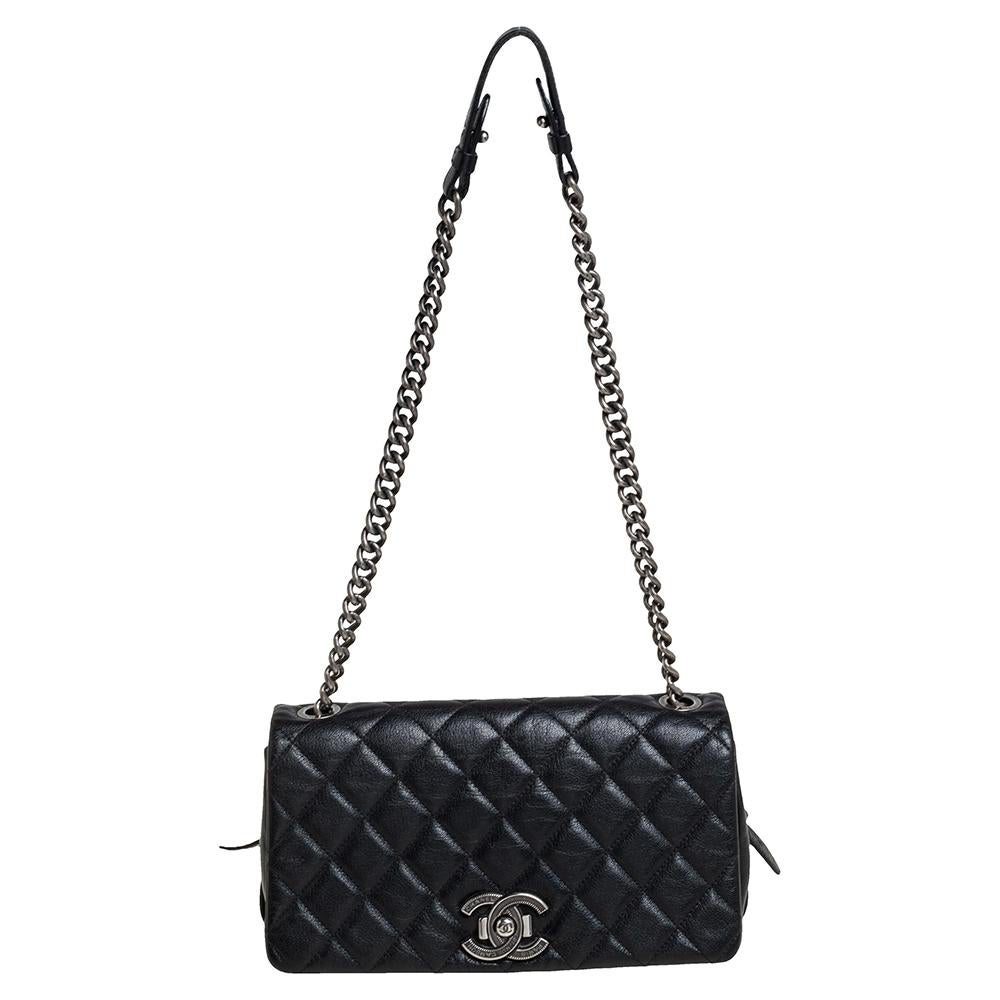 Chanel Black Quilted Goatskin Leather Medium City Rock Flap Bag