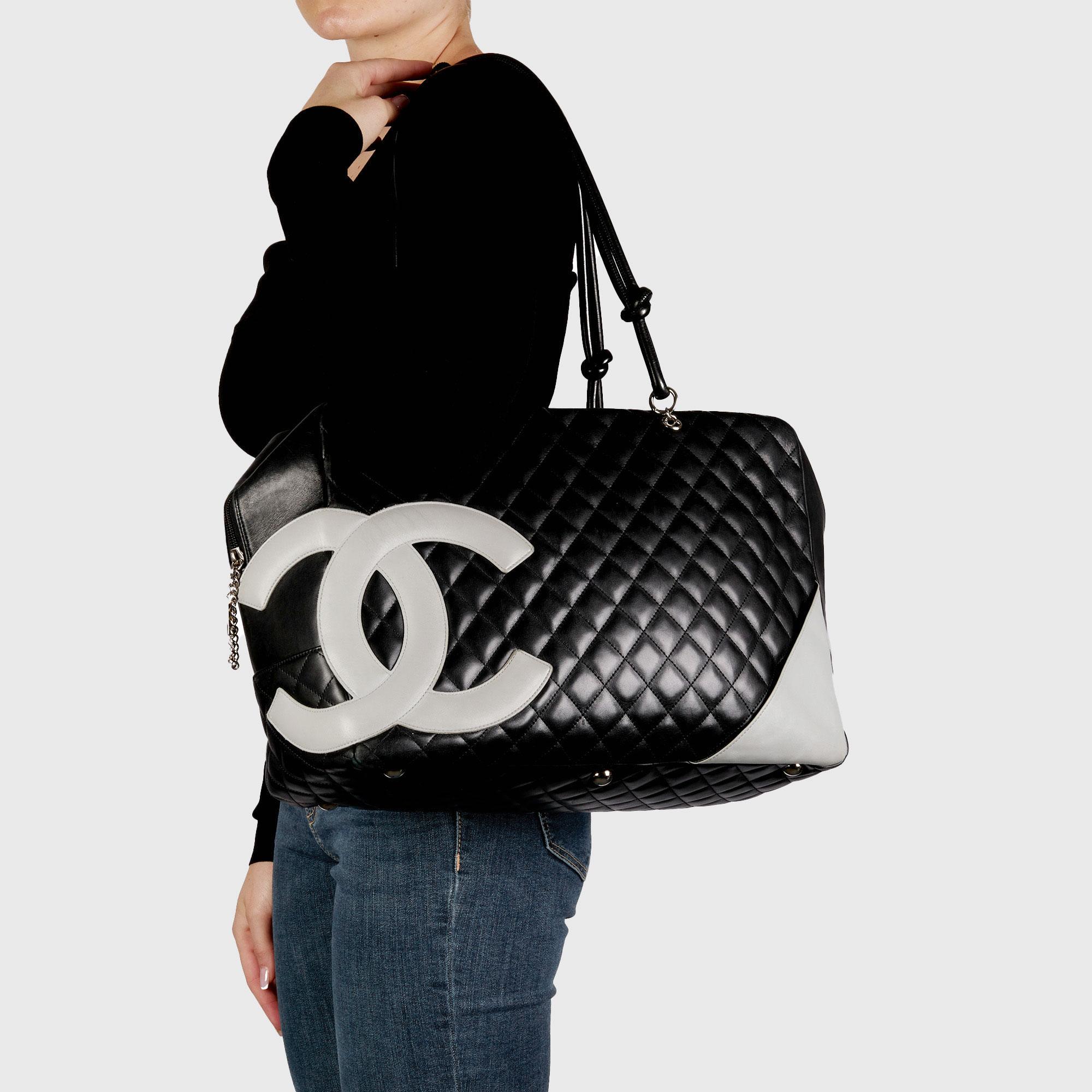 CHANEL Black Quilted & Grey Smooth Calfskin Leather Vintage Large Cambon 8