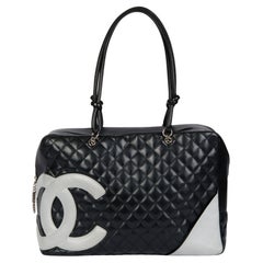 CHANEL Black Quilted & Grey Smooth Calfskin Leather Vintage Large Cambon