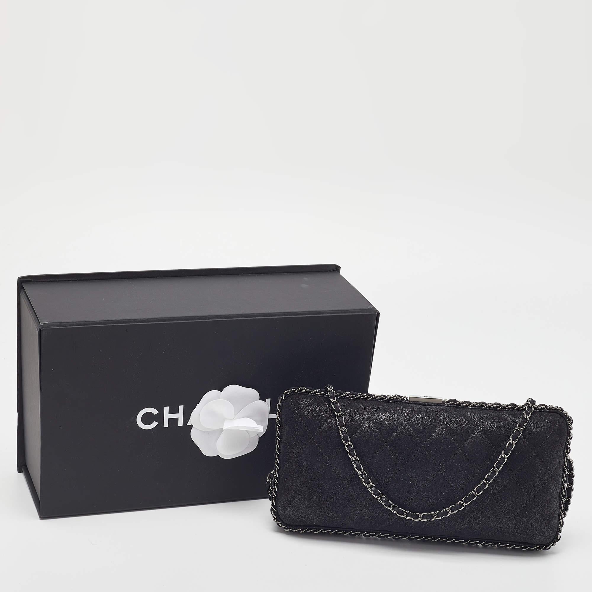 Chanel Black Quilted Iridescent Suede Chain Around Clutch 4