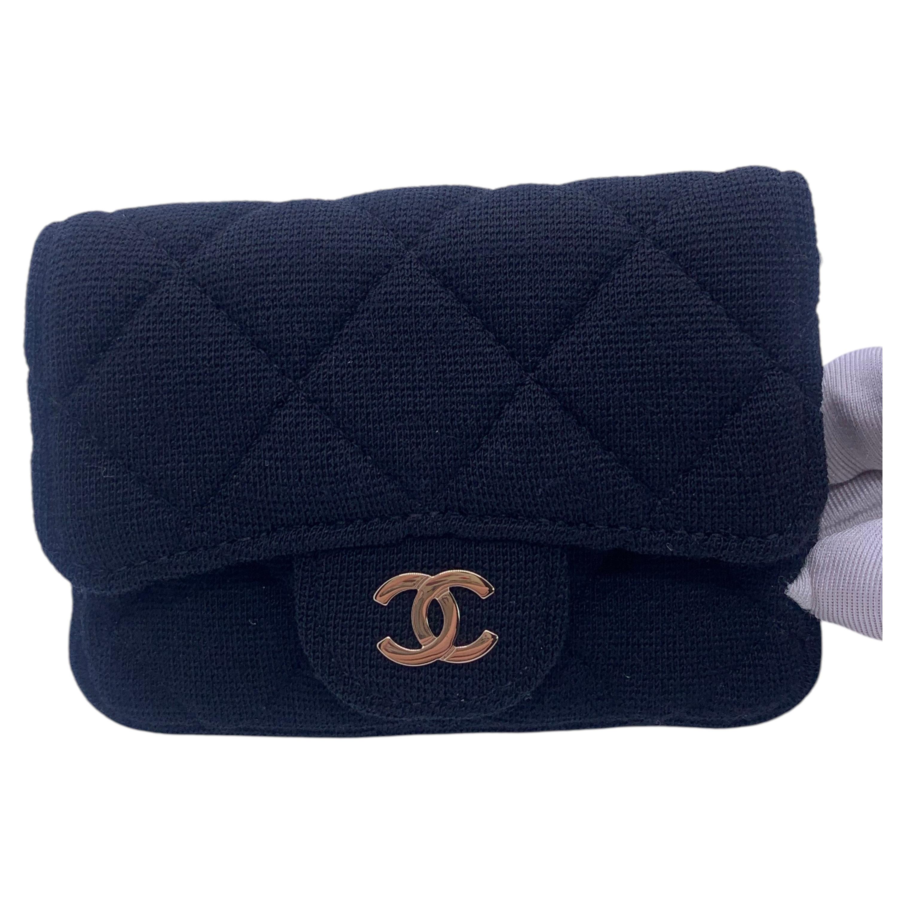 Chanel Black Quilted Jersey Mini Classic Flap Chain Belt Bag Gold Hardware For Sale