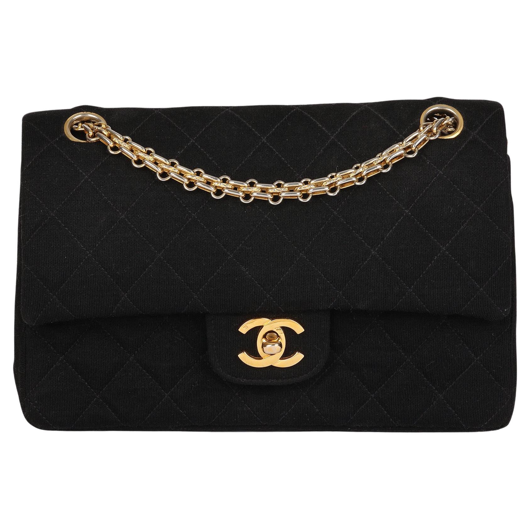Chanel BLACK QUILTED JERSEY VINTAGE SMALL CLASSIC DOUBLE FLAP BAG