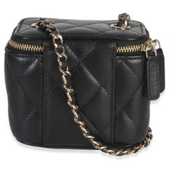 Chanel Black Quilted Lambskin Camelia Bow Chain Mini Vanity Case