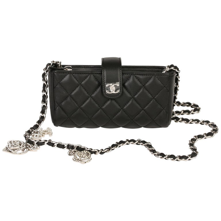 Chanel Black Quilted Lambskin Camellia Charm Pouch-on-Chain POC at