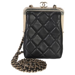 Chanel Black Quilted Lambskin CC Frame Clutch With Chain