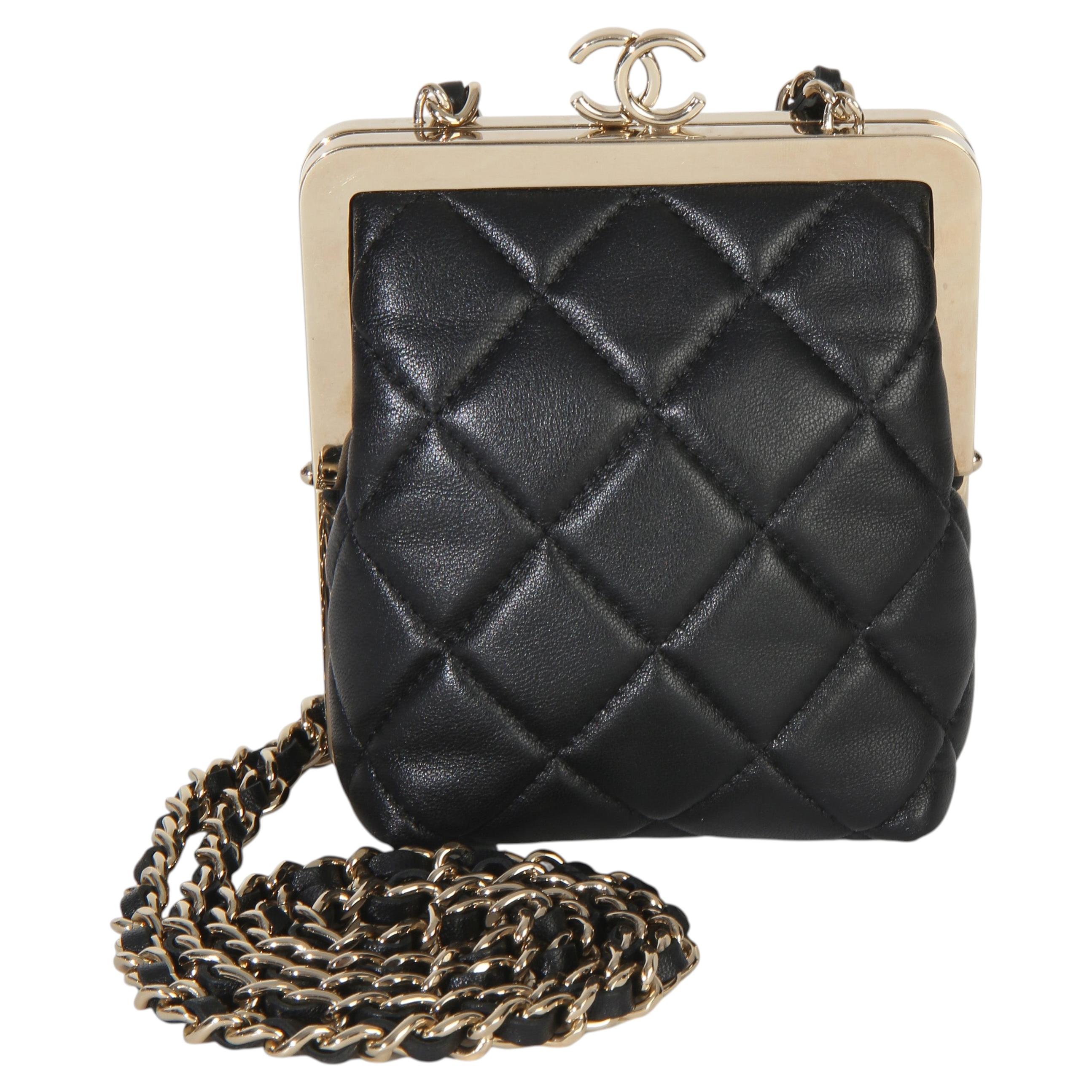 Chanel Black Quilted Lambskin CC Frame Clutch With Chain