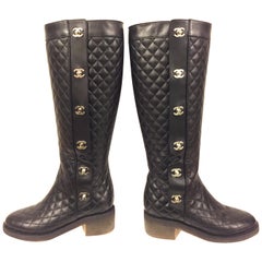 Chanel black quilted  lambskin “CC” long boots 