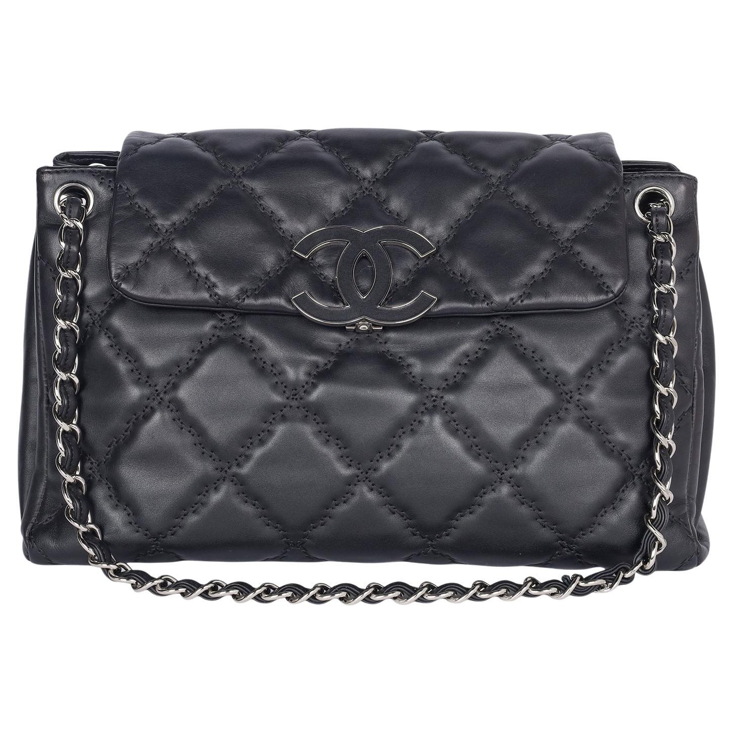 CHANEL Black Quilted Lambskin Classic Flap Shoulder Bag - Silver Chain