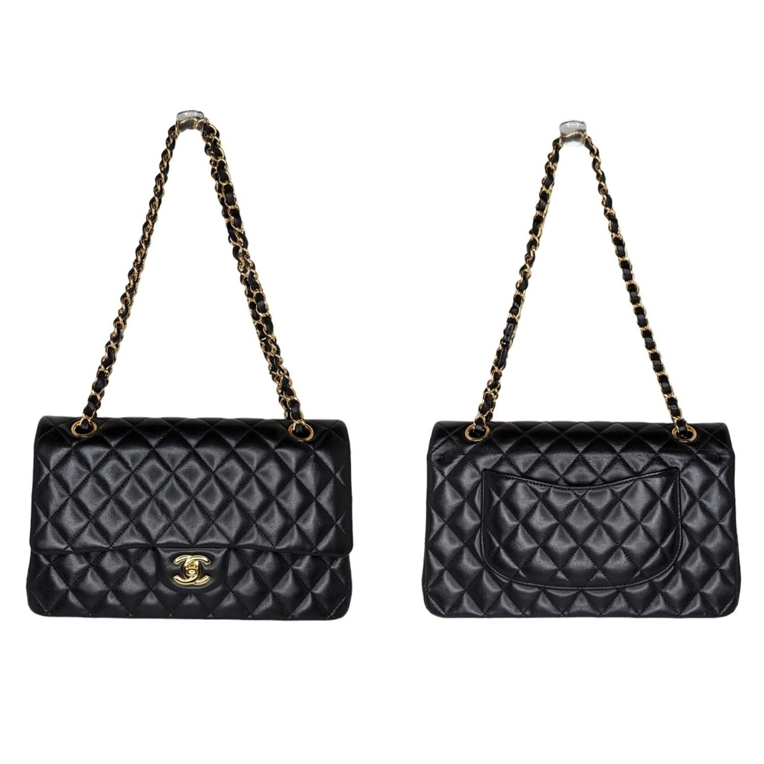 This classic shoulder bag is crafted of diamond quilted lambskin leather in black. The bag features a gold chain-link shoulder strap threaded with leather and Chanel CC turn-lock for the facing flap. This opens to reveal an inner flap and a burgundy