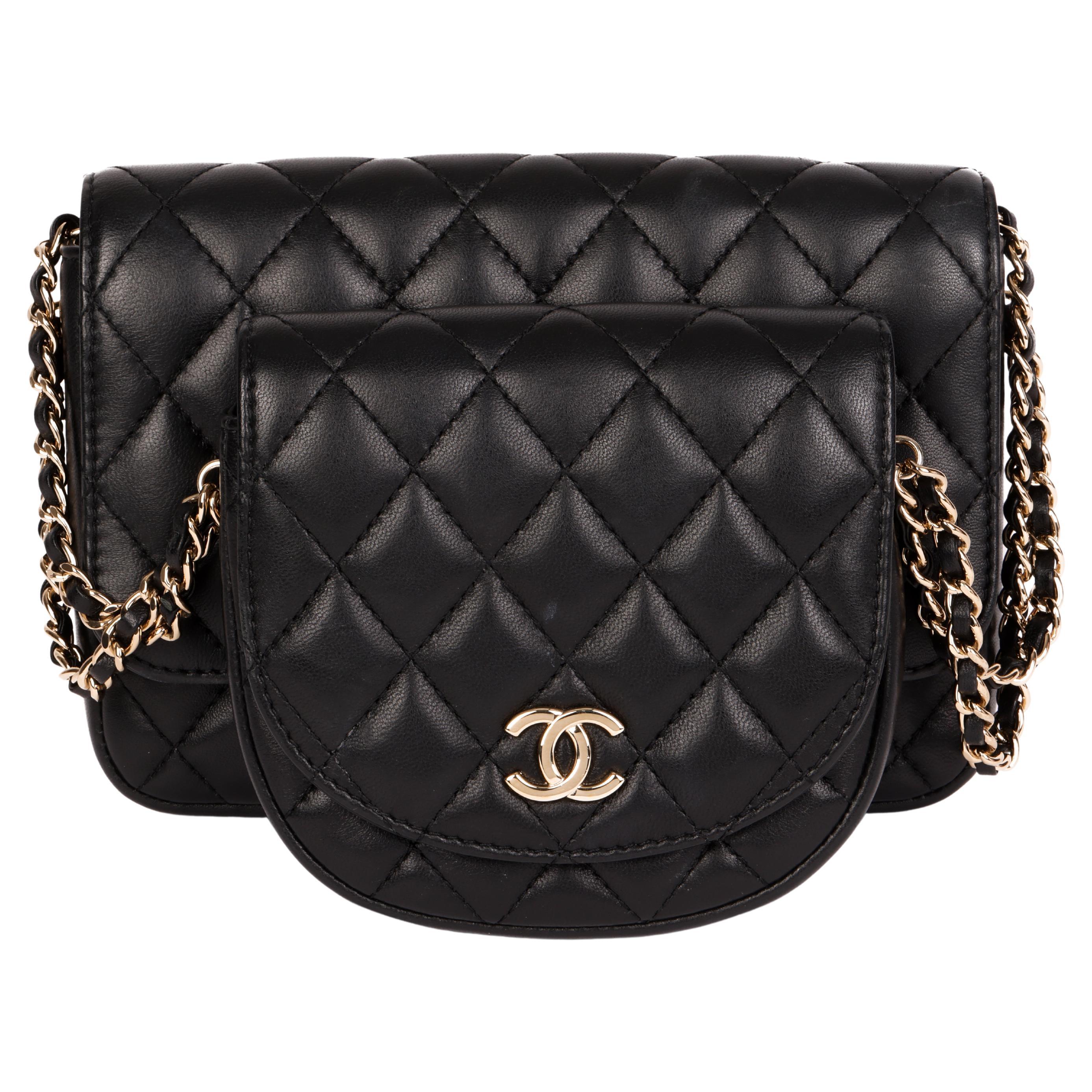 Chanel Black Quilted Lambskin Classic Twin Flap Bag Side Pack at 1stDibs