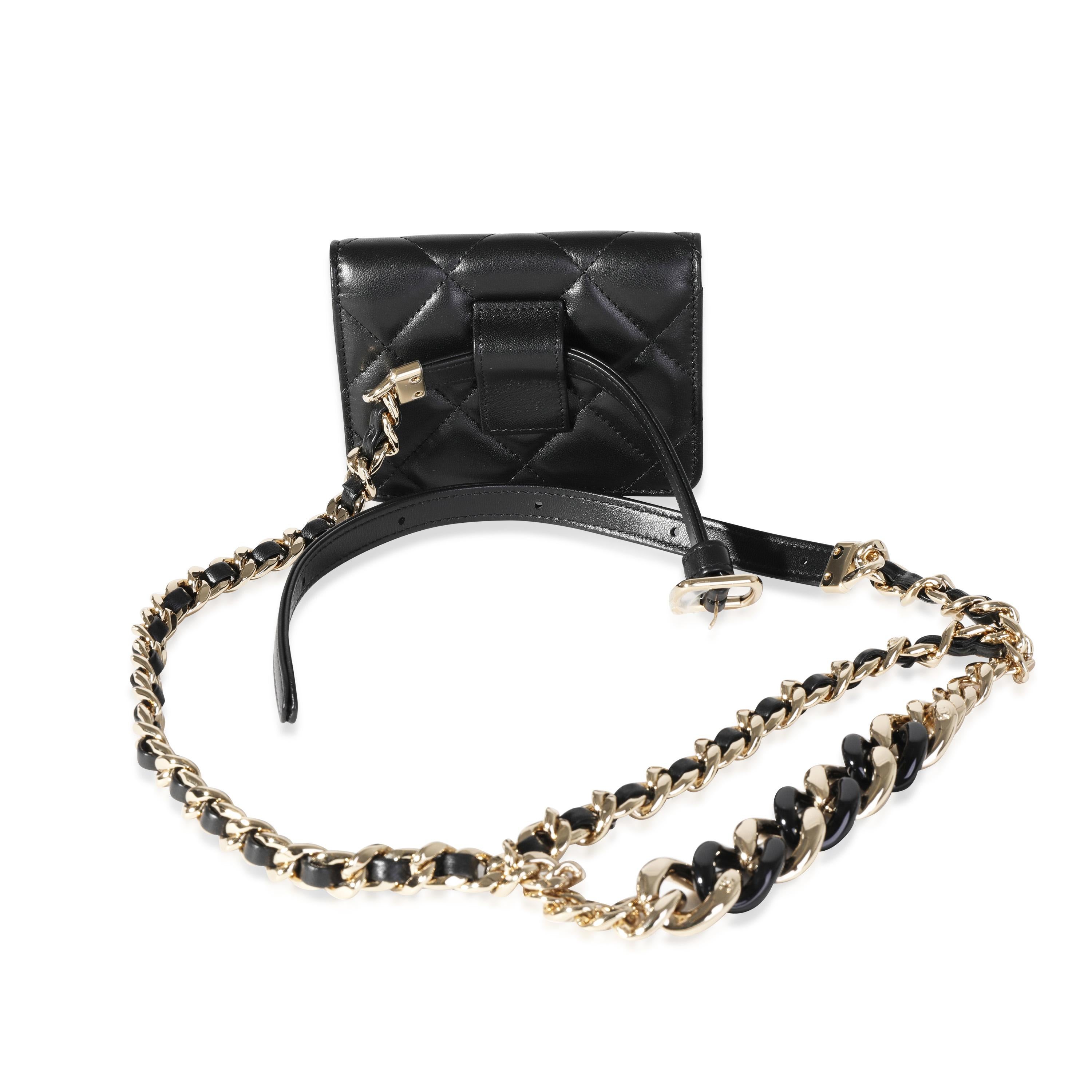 Listing Title: Chanel Black Quilted Lambskin Elegant Chain Belt Bag
SKU: 116768
Condition: Pre-owned (3000)
Handbag Condition: Never Worn
Brand: Chanel
Model: Black Quilted Lambskin Elegant Chain Belt Bag
Ligne: Elegant Chain
Origin Country: