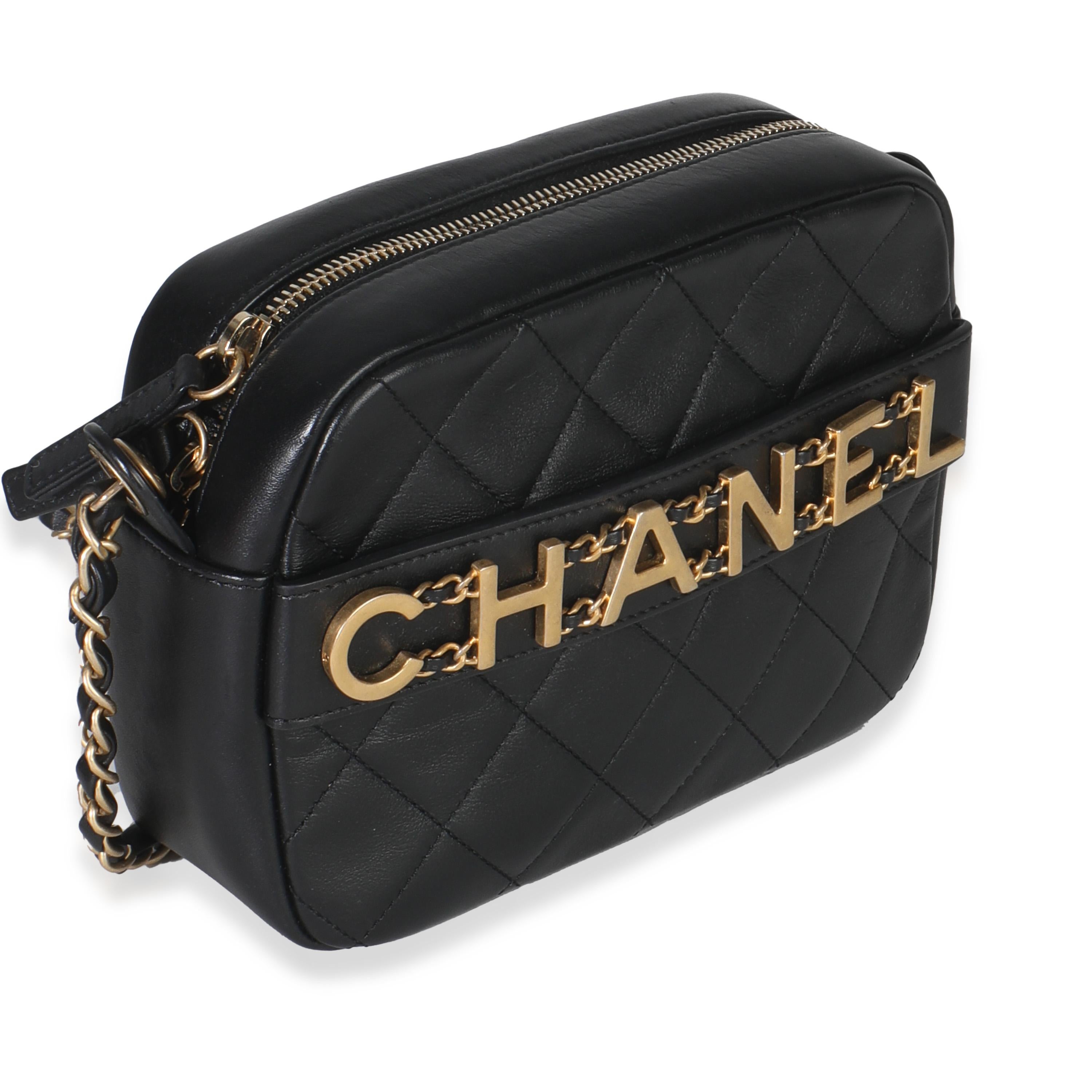 Noir Chanel Black Quilted Lambskin Enchained Logo Chain Camera Case en vente