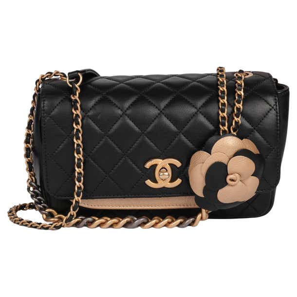 CHANEL Black Quilted Lambskin and Gold Metallic Lambskin Camellia Mini ...