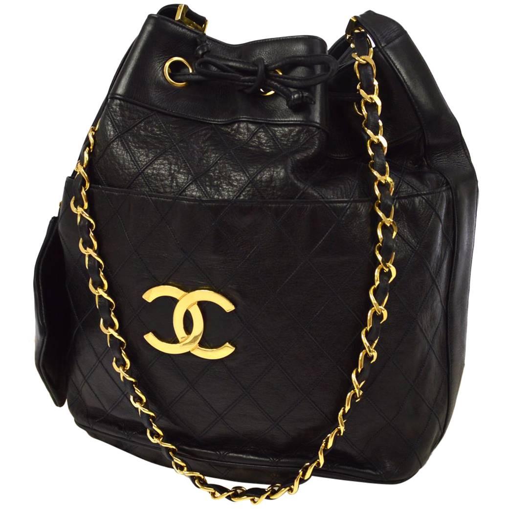 Chanel Black Quilted Lambskin Gold Toned "CC" Drawstring Bucket Shoulder Bag.