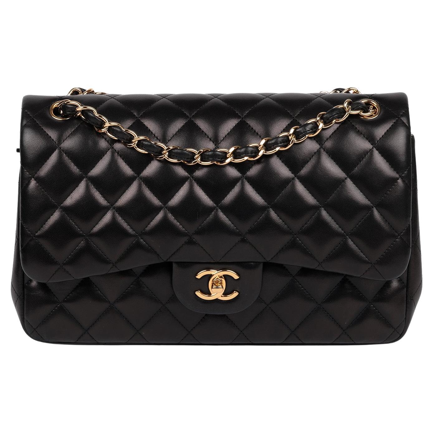 Chanel Black Quilted Lambskin Jumbo Classic Double Flap Bag For Sale