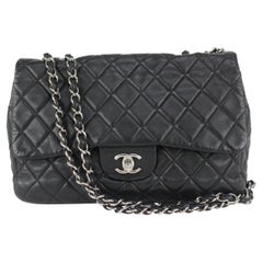 Vintage Chanel Black Quilted Lambskin Jumbo Classic Flap Silver 169cas712