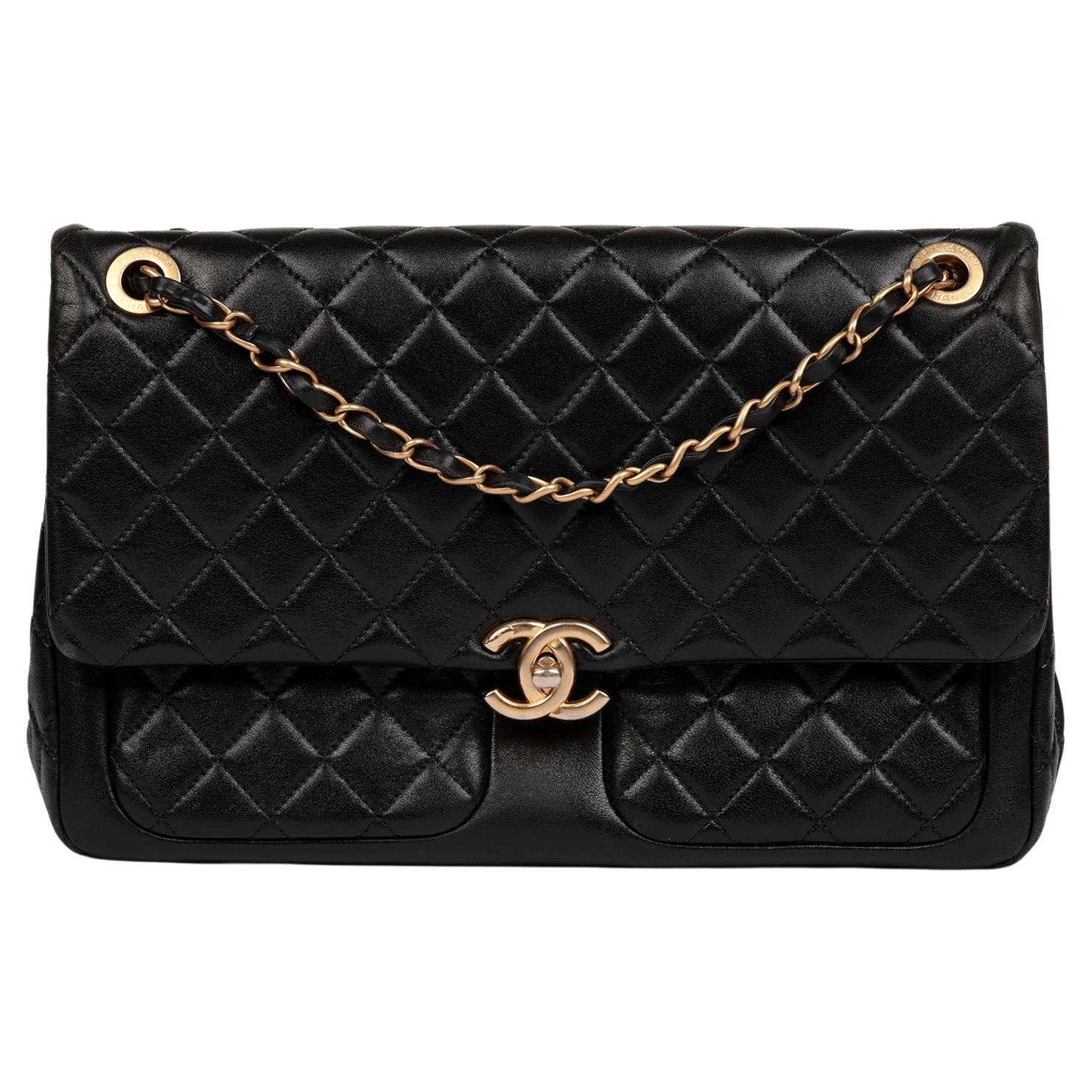 Chanel Schwarzes gestepptes Lammleder Jumbo Classic Single Flap Tasche im Angebot