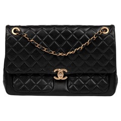 Chanel Schwarzes gestepptes Lammleder Jumbo Classic Single Flap Tasche