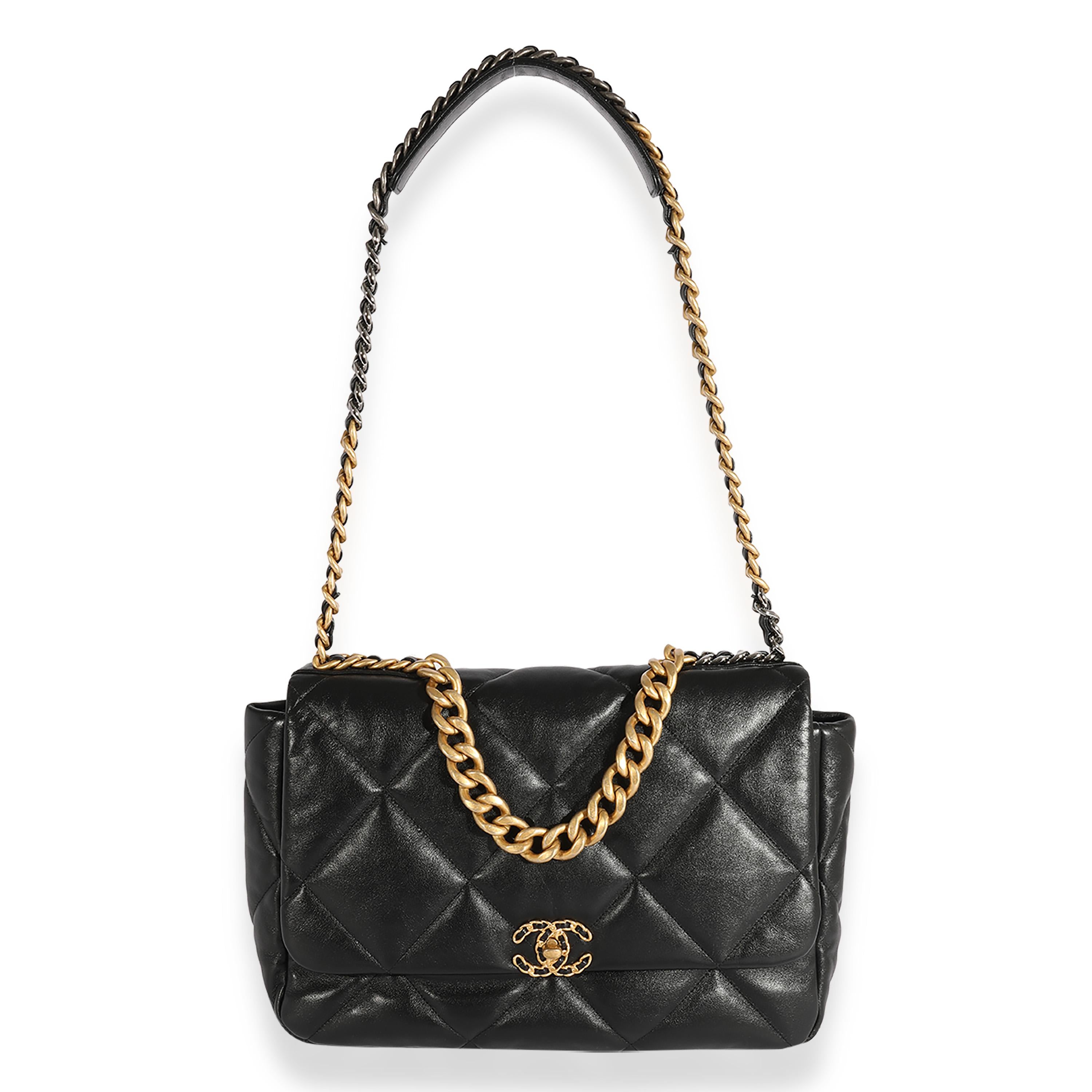 Listing Title: Chanel Black Quilted Lambskin Large Chanel 19 Flap Bag
SKU: 123640
Condition: Pre-owned 
Handbag Condition: Very Good
Condition Comments: Very Good Condition. Scuffing to corners and faintly throughout lambskin. Scuffing to interior